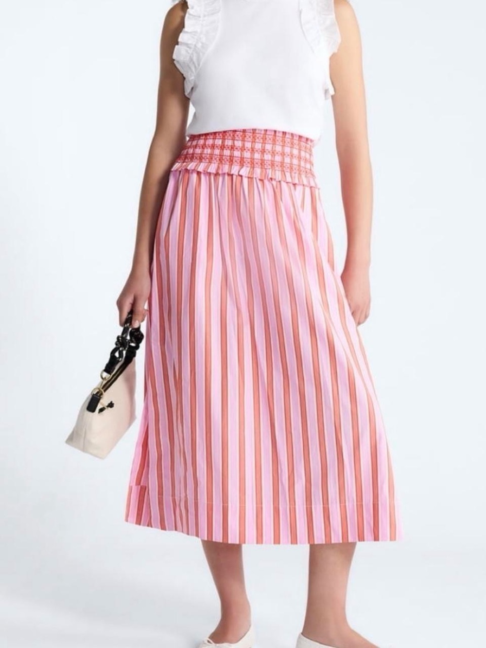 Smocked High-Waist Pink Striped Midi Skirt